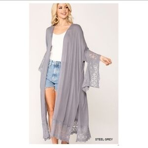 EMBROIDERED LACE HEM DUSTER / open front CARDIGAN Jacket Small Gray